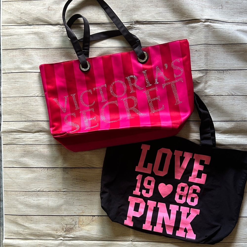 Victoria's Secret Bold Pink and Black Tote Set